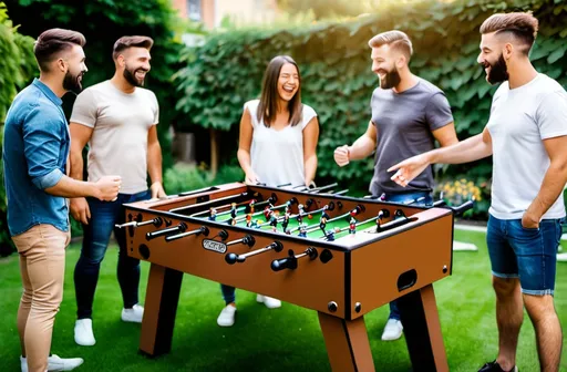 Prompt: friends are playing game in garden using this foosball URL https://kickfoosballtables.com/product/kick-titan-55-brown-tournament-foosball-table/
 