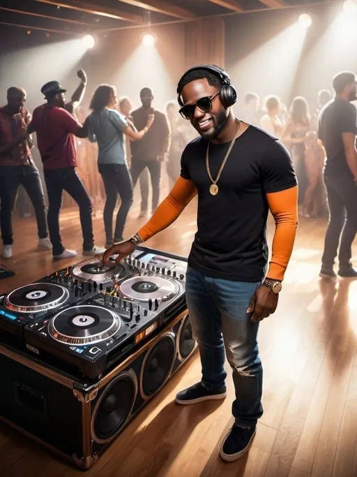 Prompt: (photorealistic) black man standing beside DJ equipment, vibrant party atmosphere, surrounded by energetic people, hardwood floor reflecting warm lighting, (studio quality), (HD), Dosso Dossi style, lyco art influences, detailed facial features, expressive poses, dynamic scene with music lovers enjoying the moment, rich colors and textures adding depth to the image.