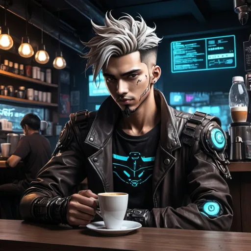 Prompt: Anime cyberpunk style, man in coffee shop, highly detailed, HD, dark background