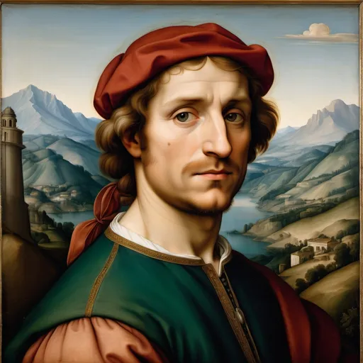 Prompt: A painted portrait of a man in the style of Italian Renaissance painter Raphael with mountains in the background