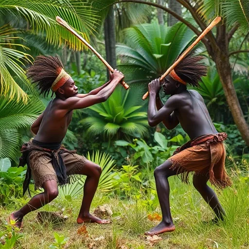 Prompt: Two African tribes fight each other in a jungle.