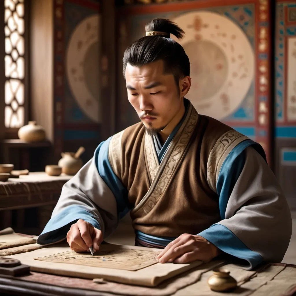 Prompt:  a mongolic/turkic healer man works on his project with full focus, in a palace setting. his clothes are fine and deatiled, he has short brown hair, doesnt have beard, he is young and 20 years old, looks focused but his features are kind and charm.