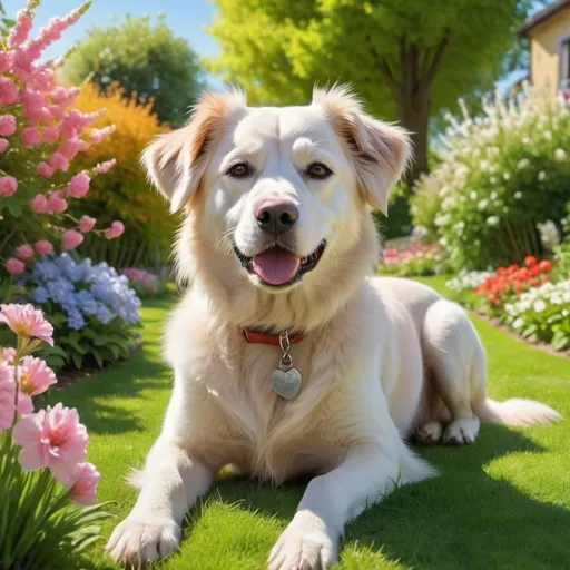 Prompt: Dog sitting in a garden, beautiful blossoms in the background, colorful flowers, vibrant green grass, sunlight casting gentle shadows, cheerful and tranquil atmosphere, photorealistic, award-winning photo, ultra-detailed, springtime setting, lush foliage, serene environment, HD, bright and lively colors, clear blue sky, dynamic lighting, high-quality image.