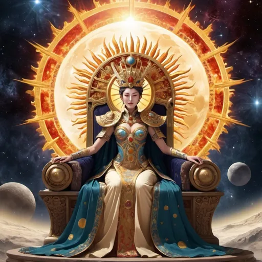 Prompt: Sun emperor, Moon empress, beautiful throne in galaxy