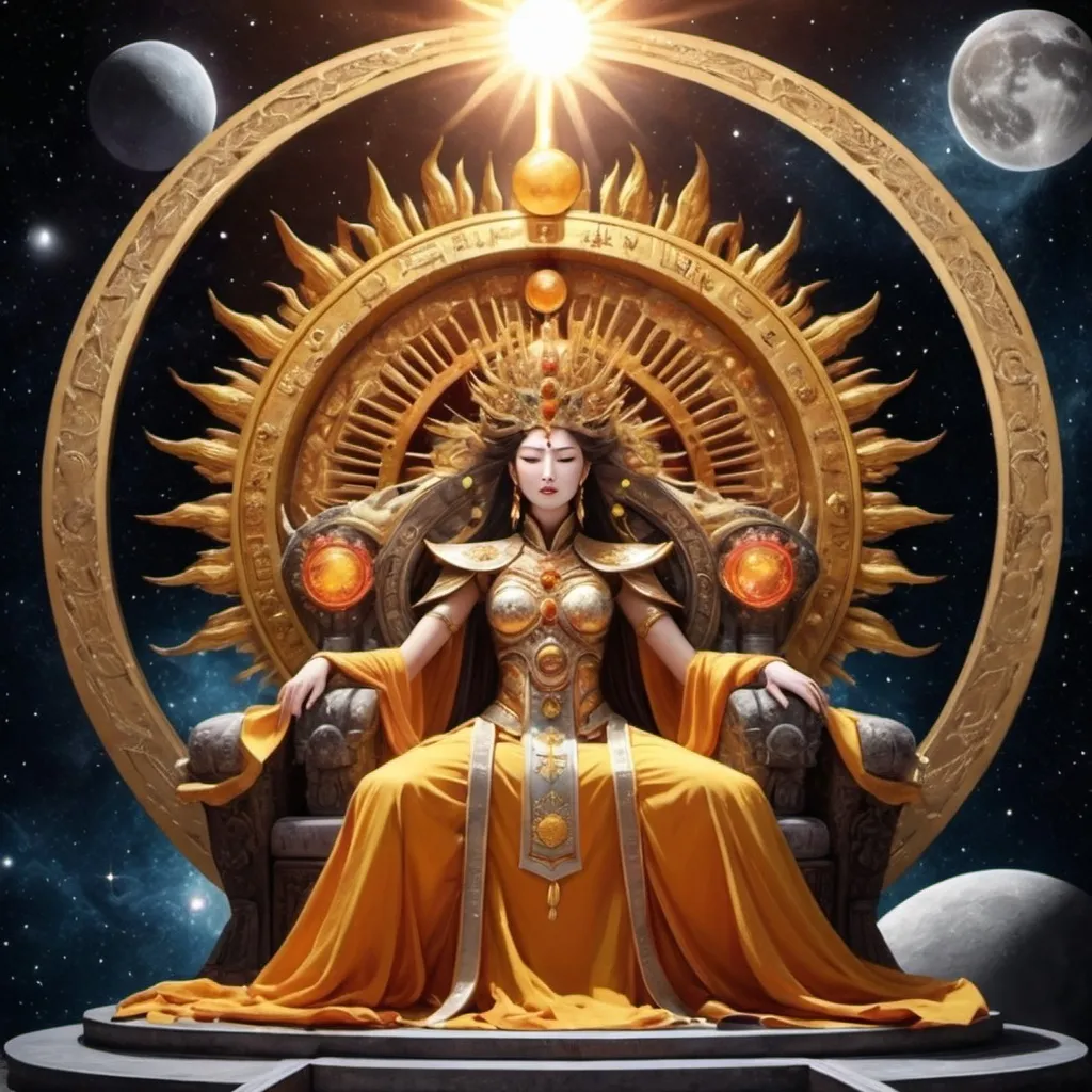 Prompt: Sun emperor and Moon empress, beautiful throne in galaxy