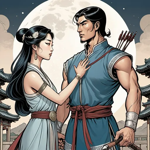 Prompt: Female Korean moon goddess facing human male archer, clasping hands, palace background, detailed, light colors, dramatic, graphic novel illustration,  2d shaded retro comic book