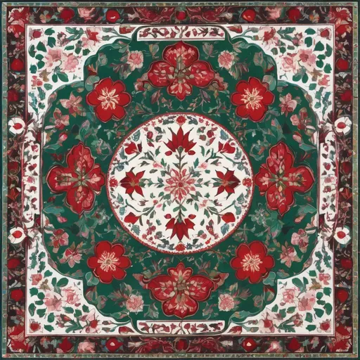 Prompt: A colorful design in the dimensions of 140x140 centimeters, its main theme is white and red, there are pomegranates and cherry blossoms in it, and some green leaves and branches and traditional Iranian designs are used, and there are small birds in it.