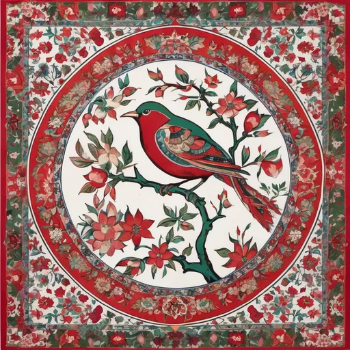 Prompt: A colorful design in the dimensions of 140x140 centimeters, its main theme is white and red, there are pomegranates and cherry blossoms in it, and some green leaves and branches and traditional Iranian designs are used, and there are small birds in it.