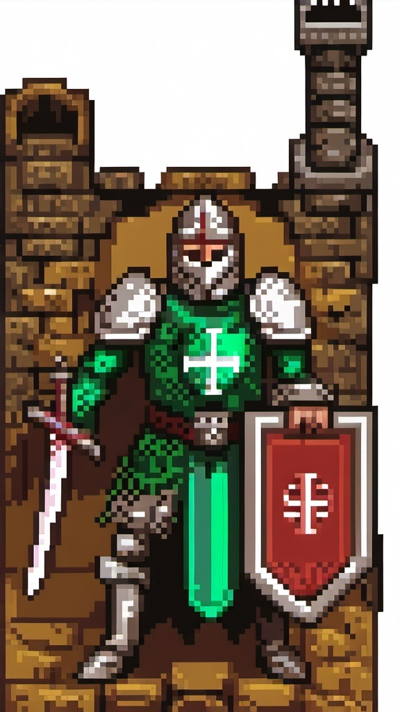 Prompt: knight templar with iron shield with emerald in the center , big sword , black helmet , infront of a castle on a hill