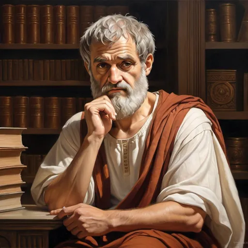 Prompt: High-quality realistic oil painting of Aristotle, ancient Greek philosopher in a contemplative pose, rich warm tones, classical style, intricate facial features, detailed beard, thoughtful expression, ancient Greek attire, dusty library in the background, soft natural lighting