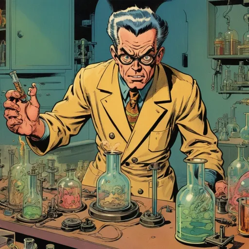 Prompt: A mad scientist in a lab, in the style of Jack Kirby and Wally Wood, 1940s vintage comic, faded colors