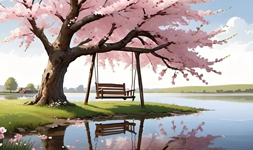 Prompt: Picture a country side water fish charming farmhouse with rustic wooden walls and a cozy porch.
• Beside the farmhouse, imagine a beautiful cherry blossom tree in full bloom, its pink petals gently falling.
• Under the tree, there's a simple wooden swing hanging from a sturdy branch.

add more cherry tree