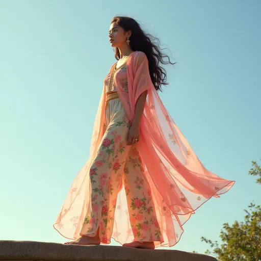 Prompt: Bathed in warm sunlight against a clear blue sky, a young woman stands poised on a stone ledge, exuding a serene confidence. She wears a flowing outfit adorned with floral patterns in pastel hues of pink and green, complemented by a light, translucent overlay in vibrant coral with delicate gold accents, gracefully draping around her. Her hair cascades in soft curls, catching the light as she gazes thoughtfully into the distance. The scene is peaceful, suggesting a moment of reflection in a sunny, outdoor setting, with a hint of nature visible in the background, creating a vibrant yet tranquil narrative. Create ghibli image for this prompt
