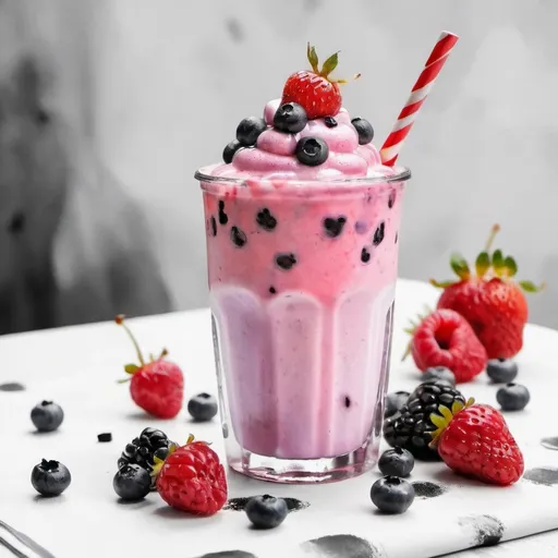 Prompt: Colourful milkshake with berries on the table at nutrition club