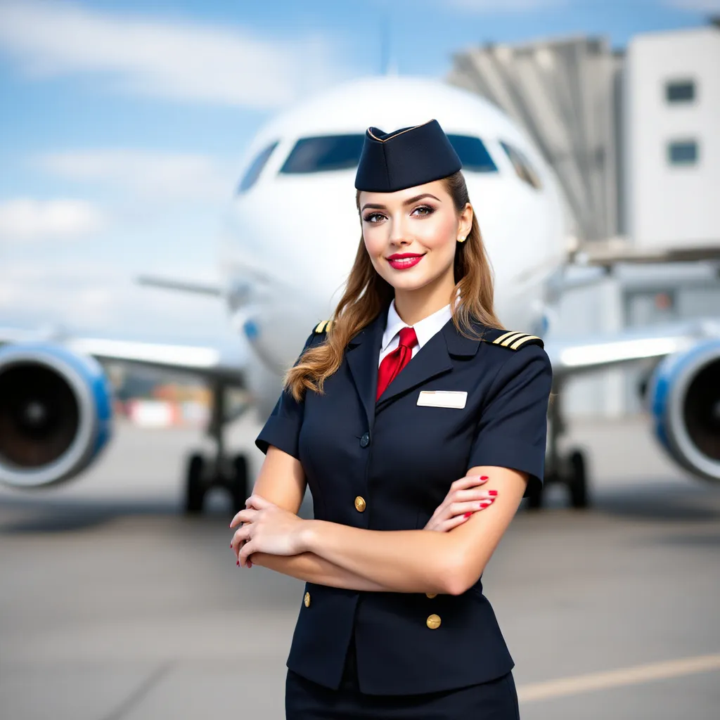 Prompt: A beautiful 25 year flight attendent 
girl with beautiful golden brown hair  standing in front of a plane wearing a flight attendent uniform full  frontal body posing for a pic   infront of aeroplane