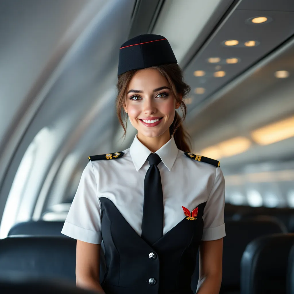 Prompt: A beautiful 20 year flight attendent 
girl  standing in fromt of a plane wearing a flight attendent uniform full  frontal body posing for a pic   