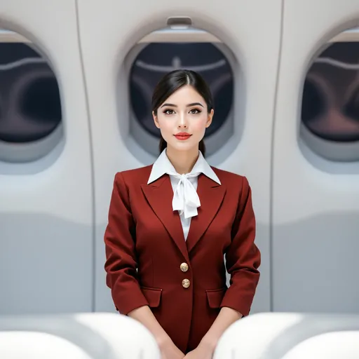 Prompt: A beautiful 20 year flight attendent 
girl  standing in fromt of a plane wearing a flight attendent uniform full  frontal body posing for a pic   