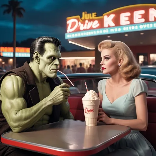 Prompt: 8k, hyper-realistic, Frankenstein drinking a milkshake with Julie Newmar, at drive in movie theater, ethereal atmosphere, soft focus