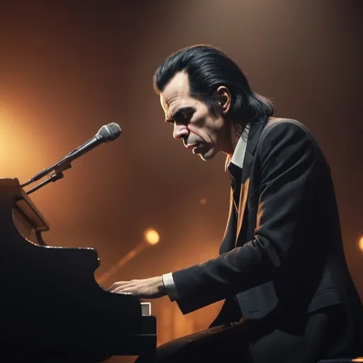 Prompt: 8k, hyper-realistic, Nick Cave singing at piano on stage, fantasy character art, warm tone, illustration, detailed features, atmospheric  lighting