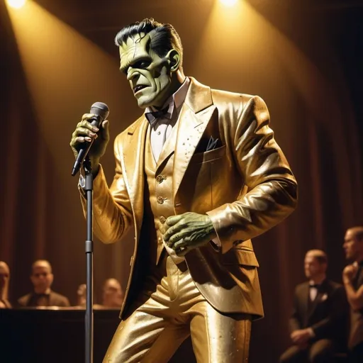 Prompt: 8k, hyper-realistic, Frankenstein gold suit singing on stage in Las Vegas, fantasy character art, warm tone, illustration, detailed features, atmospheric lighting