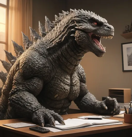 Prompt: hyper-realistic Godzilla with a desk job, fantasy character art, illustration, dnd, warm tone