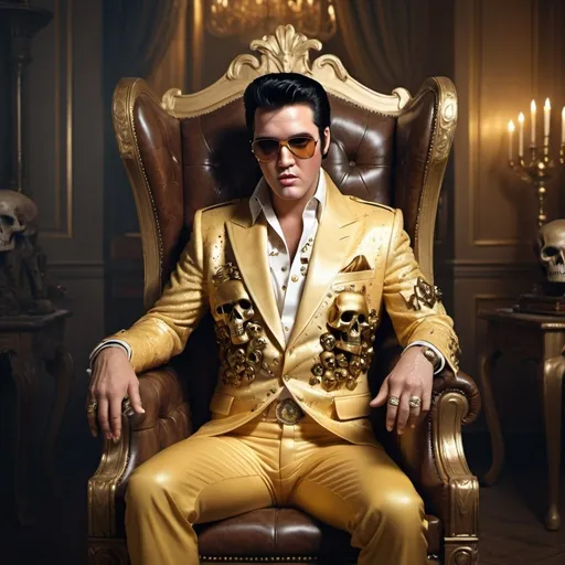 Prompt: 8k hi-res digital photography, hyper-realistic, Elvis gold suit, in chair made of skulls, holding gold gun, haunted castle, fantasy character art, illustration, warm tone, 