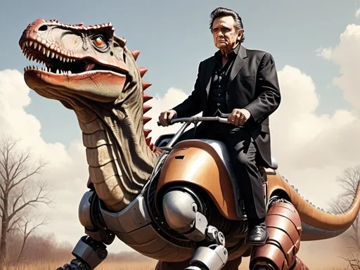 Prompt: hyper-realistic Johnny Cash riding a robot dinosaur, in Nashville, fantasy character art, illustration, dnd, warm tone