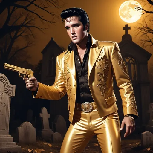 Prompt: 8k, hyper-realistic, Elvis gold suit, gold gun, haunted graveyard at night, fantasy character art, warm tone, illustration, detailed features, atmospheric lighting