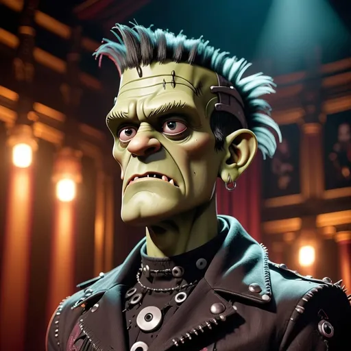 Prompt: 8k, hyper-realistic, Frankenstein in a punk band on stage in a gothic theatre, stage lighting, warm tone, atmospheric