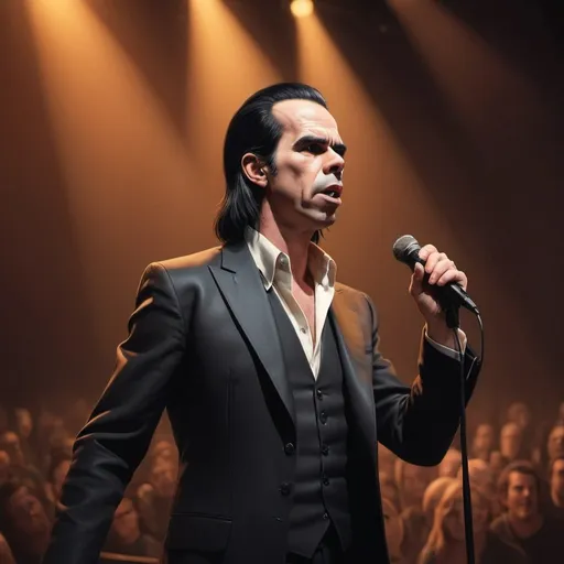 Prompt: 8k, hyper-realistic, Nick Cave singing on stage, fantasy character art, warm tone, illustration, detailed features, atmospheric lighting