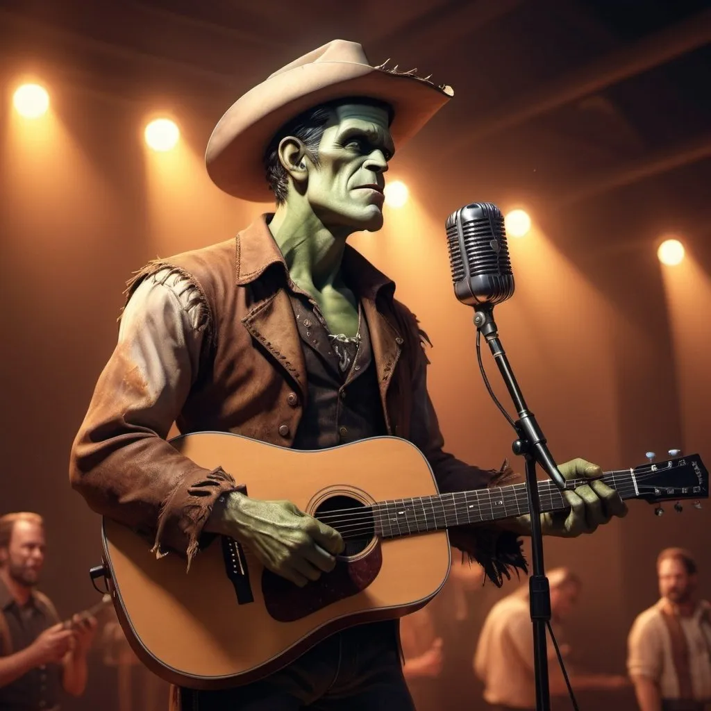 Prompt: 8k, hyper-realistic, Frankenstein cowboy  singing on stage in Nashville, fantasy character art, warm tone, illustration, detailed features, atmospheric lighting