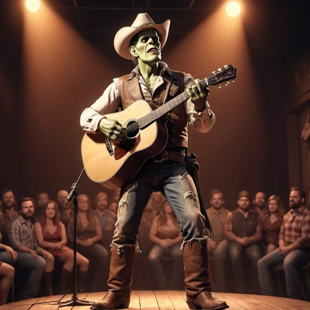 Prompt: 8k, hyper-realistic, Frankenstein cowboy  singing on stage in Nashville, fantasy character art, warm tone, illustration, detailed features, spotlight