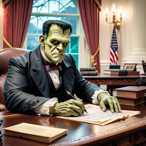 Prompt: 8k hi-res digital photography, hyper-realistic, President Frankenstein signing bills at the White House, fantasy character art, illustration, warm tone, 