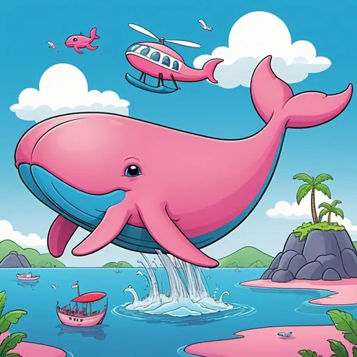 Prompt: a pink blue whale go to fly and an fly island (cartoon)