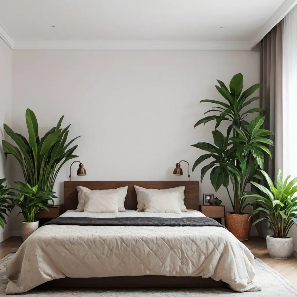 Prompt: interior design of a bedroom with potted plants
