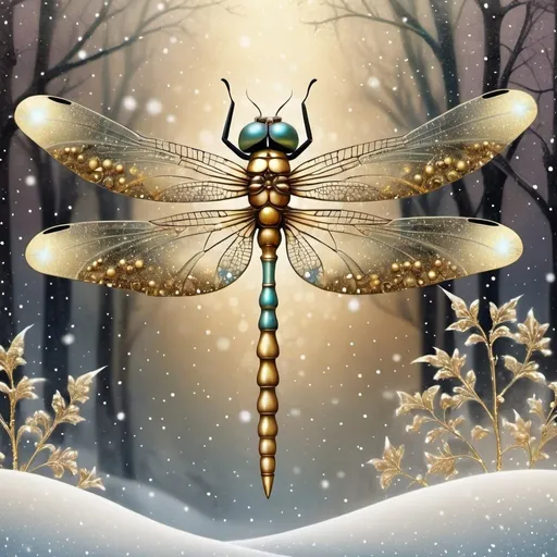 Prompt: Beautiful Realistic Whimsical Art Nouveau Steampunk Winter Dragonfly with Lots of Snow Falling, Highlights, Lots of Swirls, Gold Glitter, Sparkles, Stars, Diamonds, Twirls, Twists, Lots of Glitter, Soft Focus, Subtle Colors, Bokeh Lights Background, Airbrushed, Fractal, Fractal Gems, Watercolor, Gold Glitter, Ink, Dynamic Digital Water