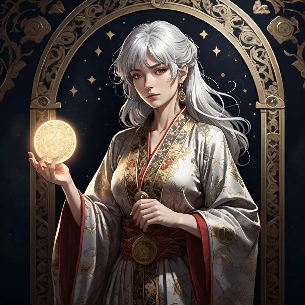 Prompt: tarot card Anime illustration, a silver-haired woman, detailed ornate cloth robe, dramatic lighting