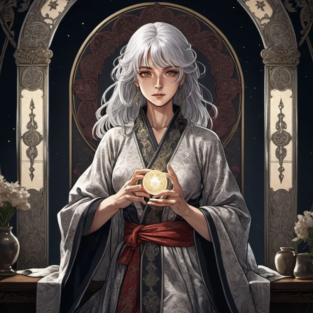 Prompt: tarot card Anime illustration, a silver-haired woman, detailed ornate cloth robe, dramatic lighting