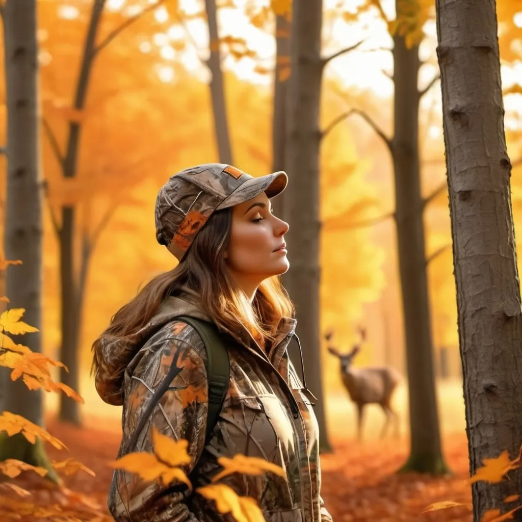 Prompt: a woman deer hunting in her tree stand on a beautiful fall afternoon