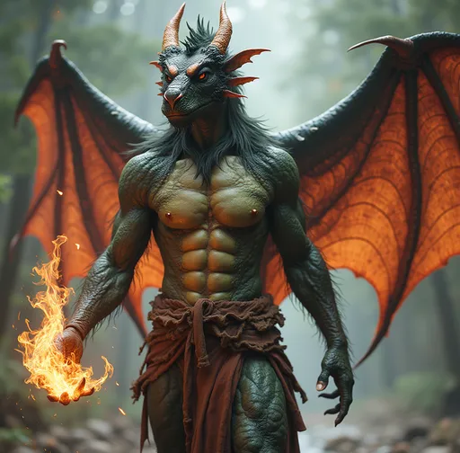 Prompt: Human dragon hybrid who casts elemental magic. Full body covered in body hair.

