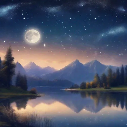 Prompt: Starry night landscape with serene moon, majestic mountains, tranquil lake, twinkling stars, dreamy atmosphere, high quality, realistic, landscape, 