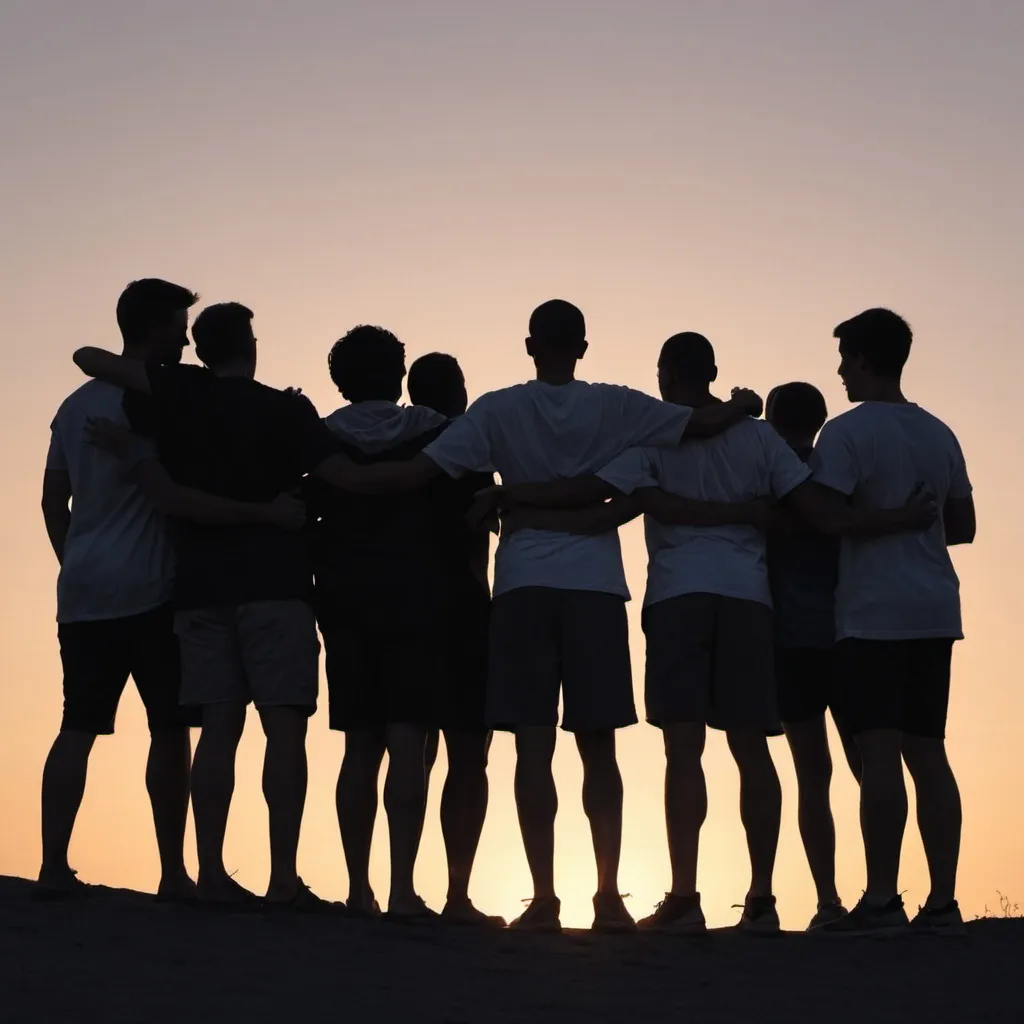 Prompt: siloutte looking at the the back of a group of mentors and mentees standing togethor with arms around each other at sunrise