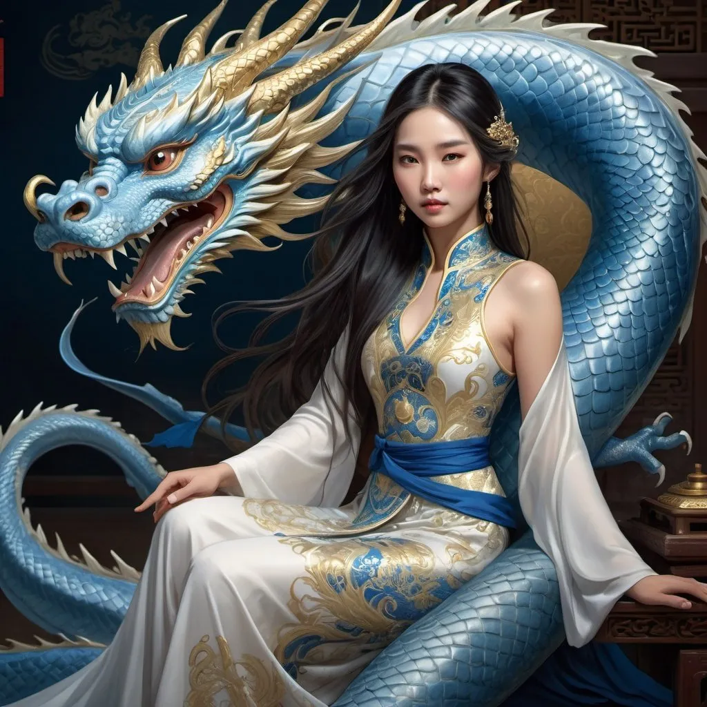 Prompt: Fantasy illustration of an Asian woman with long dark hair, petting a majestic blue dragon, the dragon is in chinese art style, flowing white dress with intricate gold patterns, mythical fantasy setting, detailed facial features, highres, fantasy, detailed hair, elegant, majestic dragon, mythical, flowing dress, gold patterns, detailed illustration, professional, enchanting lighting