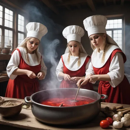 Prompt: The Beautiful priestesses of the Lord Roscoe who is the great hamster are preparing the boiling borscht for since liquidation, photorealistic  Canon D6 