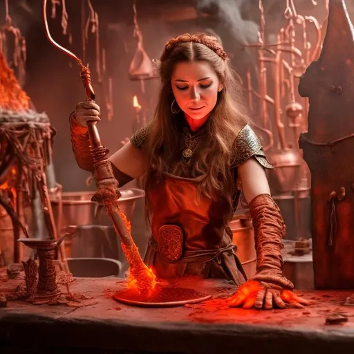 Prompt: A fantasy priestess of copper making a blood sacrifice