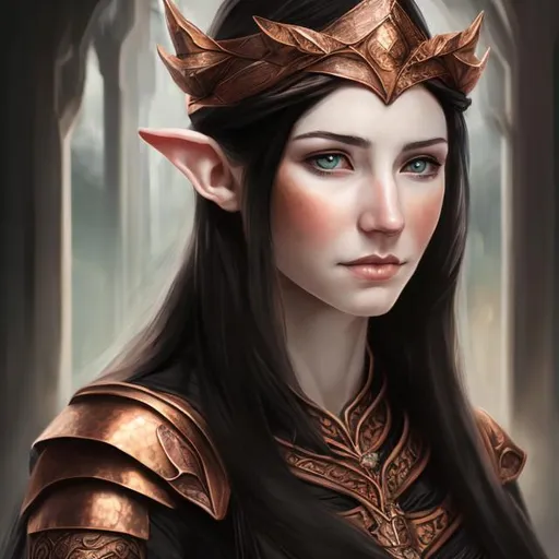 Prompt: realist portrait of copper fantasy female high elvish diplomat black hair
