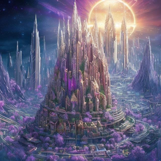 Prompt: a sparkle creating time and matter, transforming in human beings then in powerful mysticals creatures then in mighty gods building cities and creating worlds in a form of an arcology utopian heaven