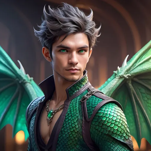 Prompt: (dragon humanoid), male character, vibrant and colorful scales, expressive emerald green eyes, dynamic pose, elegant wings, detailed fur texture, fantasy setting, magical ambiance, mystical background with swirling clouds, warm and ethereal lighting, 4K resolution, ultra-detailed, whimsical air.