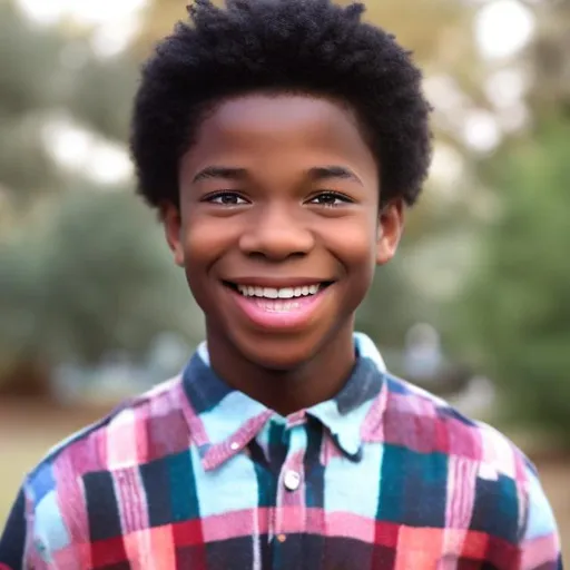 Prompt: Create a 12 year old innocent black boy who beams with joy. 