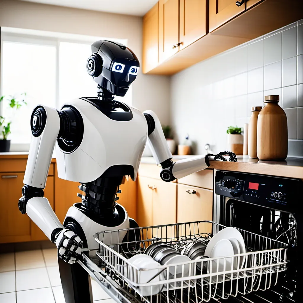 Prompt: Give me a picture of a robot loading the dishwasher